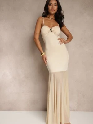 Beżowa Sukienka na Ramiączkach z Wiskozą z Siateczkowym Zdobieniem Savorielle giorgia