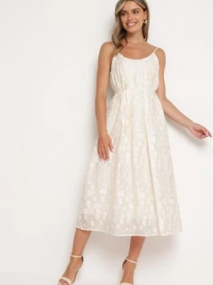 Beżowa Sukienka na Regulowanych Ramiączkach Ozdobiona Cyrkoniami z Materiałowym Paskiem Selolia elsa.m by may