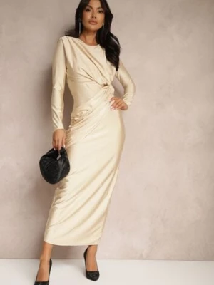 Beżowa Sukienka o Dopasowanym Kroju z Marszczeniem i Cyrkoniami Asila allyson