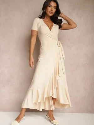 Beżowa Sukienka o Kopertowym Fasonie z Falbankami Zleffia by swan