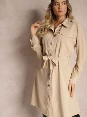 Beżowa Sukienka o Koszulowym Kroju z Paskiem i Eleganckimi Guzikami Torlina unigirl