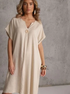 Beżowa Sukienka o Pudełkowym Kroju z Lnem i Wiskozą Zdobiona Guzikiem Mezynore rosita