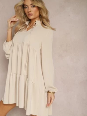 Beżowa Sukienka o Rozkloszowanym Fasonie z Falbanką i Okrągłym Dekoltem Vasaia lily rose