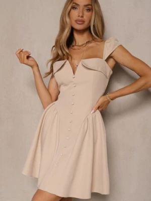 Beżowa Sukienka o Rozkloszowanym Kroju na Ramiączkach z Ozdobnym Dekoltem Salaviel allyson