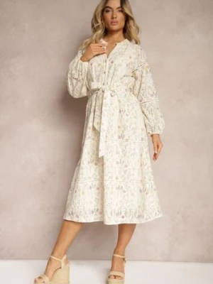 Beżowa Sukienka o Rozkloszowanym Kroju z Materiałowym Paskiem i Wzorem w Kwiaty Dimtina bisou's project