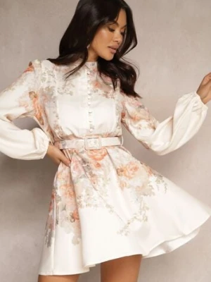 Beżowa Sukienka o Rozkloszowanym Kroju z Paskiem w Kwiaty Melvivis