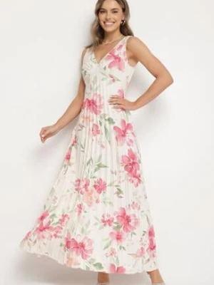 Beżowa Sukienka o Rozkloszowanym Kroju z Plisami i Dekoltem w Serek Nitolina lovery