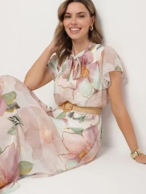 Beżowa Sukienka o Rozkloszowanym Kroju z Wiązaniem przy Dekolcie i Paskiem Sorilina lovery