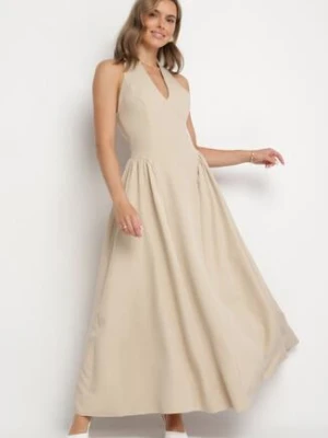 Beżowa Sukienka o Rozkloszowanym Kroju z Wiązanym Dekoltem Halter Senicea allyson