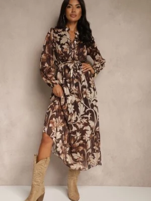 Beżowa Sukienka o Rozkloszowanym Kroju z Wiązanym Paskiem i Metaliczną Nicią Nalimirae lovery