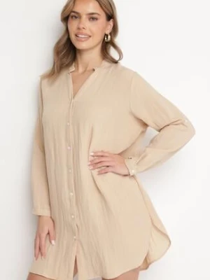 Beżowa Sukienka Oversize z Bawełny o Prostym Kroju Koszulowym Elanistra m&d fashion