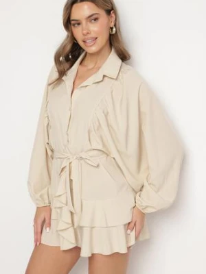 Beżowa Sukienka Ozdobiona Paskiem i Falbanami Divilena lovery