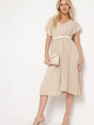 Beżowa Sukienka Plisowana o Rozkloszowanym Fasonie i Trójkątnym Dekolcie Rissara new collection