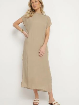 Beżowa Sukienka Pudełkowa Ozdobiona Wiązaniem Napelira rosa