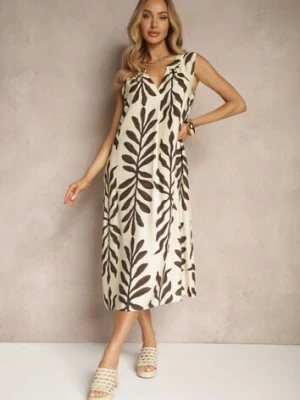 Beżowa Sukienka Pudełkowa z Dodatkiem Wiskozy w Letni Wzór Jolessa melya by melody