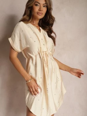 Beżowa Sukienka Pudełkowa z Troczkiem w Talii i Zdobiona Cyrkoniami Quilefia unigirl