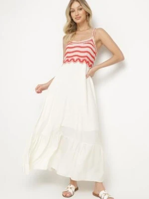 Beżowa Sukienka Rozkloszowana na Ramiączkach z Wiskozy Ozdobiona Haftami Efradea rosa