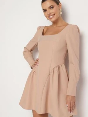 Beżowa Sukienka Rozkloszowana z Kwadratowym Dekoltem Enarel allyson