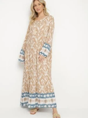 Beżowa Sukienka Rozkloszowana z Ozdobnym Wiązaniem w Boho Wzór Erainea cflo