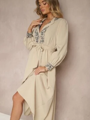 Beżowa Sukienka Rozkloszowana z Wiskozą Zdobiona Haftem i Wiązana w Talii Ninalisa unigirl