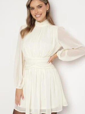 Beżowa Sukienka Rozkloszowane ze Stójką Marszczeniami i Transparentnymi Ramionami Belabria retro & icone