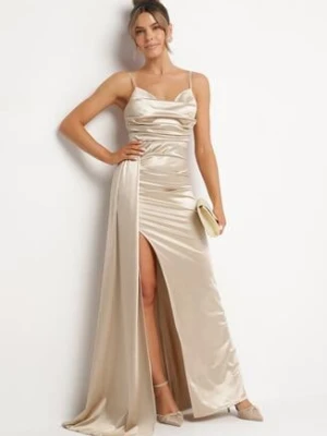 Beżowa Sukienka Satynowa z Trenem na Ramiączkach i Rozcięciem na Nogę Lisandoria allyson