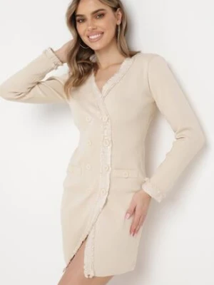 Beżowa Sukienka Sweterkowa Dwurzędowa z Guzikami i Ozdobnymi Frędzlami Vluona elsa.m by may