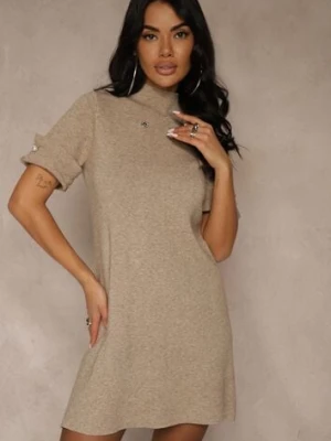 Beżowa Sukienka Sweterkowa o Trapezowym Kroju z Perełkami Liatusea