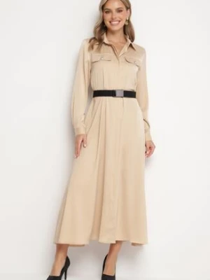 Beżowa Sukienka Szmizjerka z Satyny Ozdobiona Paskiem i Imitacjami Kieszeni Vamilea unigirl