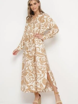 Beżowa Sukienka Szmizjerka Zapinana na Guziki z Falbanką Lavernia melya by melody