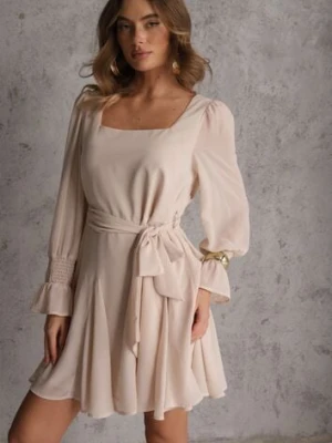 Beżowa Sukienka VICES z Półtransparentnymi Rękawami Wiązania w Talii Resmosa