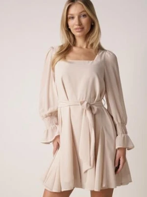 Beżowa Sukienka VICES z Siateczkowymi Rękawami i Wiązanym Paskiem Resnala