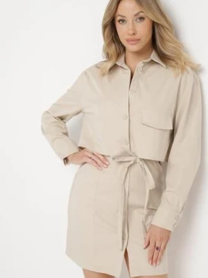 Beżowa Sukienka w Koszulowym Stylu z Wiązaniem i Imitacją Kieszeni Mavira retro & icone