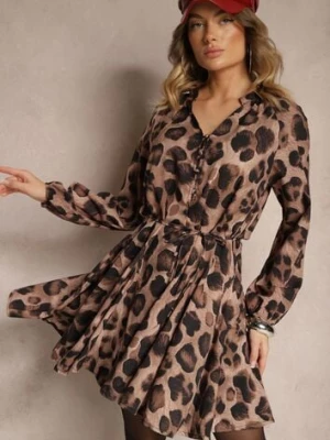 Beżowa Sukienka w Panterkowy Print o Rozkloszowanym Kroju z Wiązaniem w Talii Ameriana lovery
