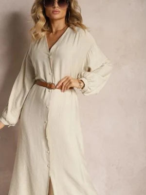 Beżowa Sukienka w Stylu Koszulowym z Bufiastymi Rękawami i Wiskozą Denisea jumelle