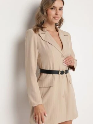 Beżowa Sukienka w Stylu Marynarki z Wiskozą z Usztywnioną Linią Ramion w Paski Nevolia new collection