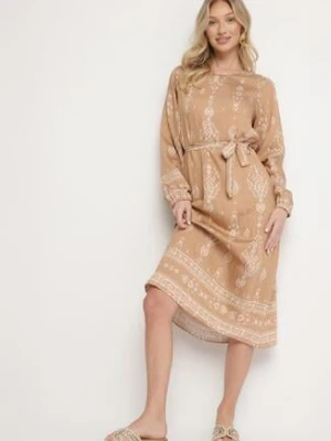 Beżowa Sukienka we Wzory Boho Pudełkowa z Paskiem w Talii Lisanea j&x