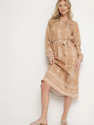 Beżowa Sukienka we Wzory Boho Pudełkowa z Paskiem w Talii Lisanea J&x
