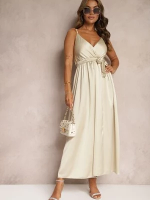 Beżowa Sukienka Wieczorowa o Rozkloszowanym Kroju z Gumką w Pasie i Rozcięciem Relsea new collection