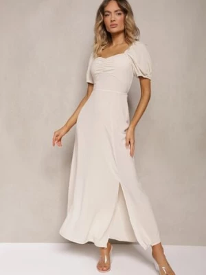 Beżowa Sukienka Wieczorowa z Hiszpańskim Dekoltem i Rozcięciem Vikiya rosa