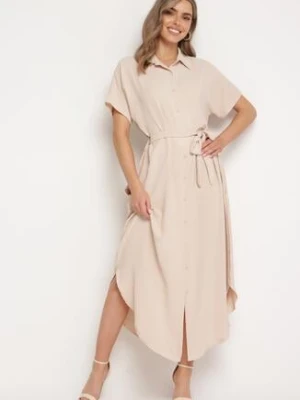 Beżowa Sukienka Wiskozowa o Luźnym Koszulowym Kroju Wiązana w Talii Rionella cflo