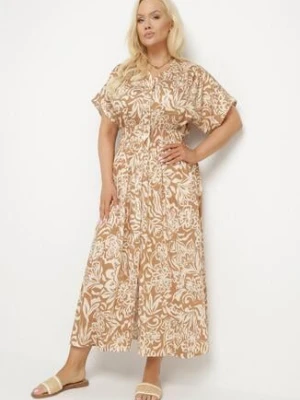 Beżowa Sukienka Wiskozowa w Kwiaty Rozkloszowana Efrisa j&x