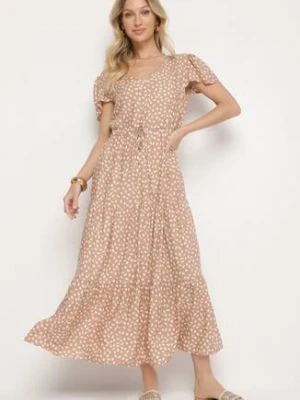 Beżowa Sukienka z Bawełną i Geometrycznym Wzorem Lunavella j&x