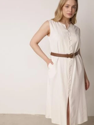 Beżowa Sukienka z Bawełną i Wiskozą Ozdobiona Paskiem Luven rosa