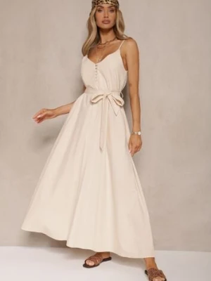 Beżowa Sukienka z Bawełną i Wiskozą z Ozdobnym Paskiem Savaine elsa.m by may