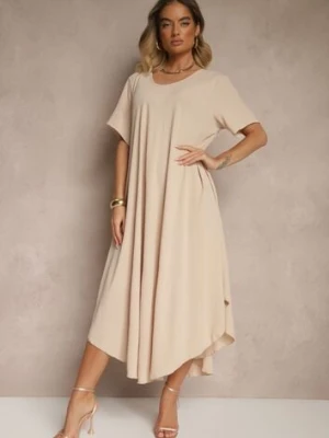 Beżowa Sukienka z Bawełną o Rozkloszowanym Kroju Lilzedi j&x