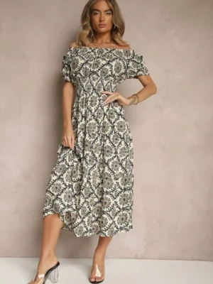 Beżowa Sukienka z Bawełną Ozdobiona Bufiastymi Rękawami Revalle j&x