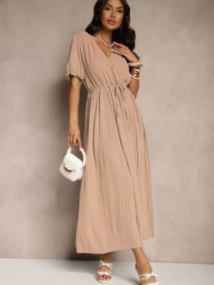 Beżowa Sukienka z Bawełną Ozdobiona Kopertowym Dekoltem i Paskiem Grellevia h&s