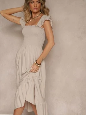 Beżowa Sukienka z Bawełny na Ramiączkach Ozdobiona Falbanami i Gumkami Mevalys defox