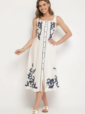 Beżowa Sukienka z Bawełny Ozdobiona Haftami i Guzikami Milarietta rosa